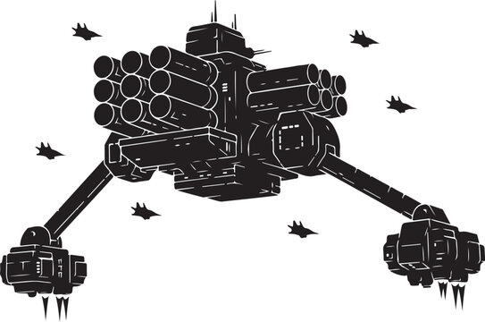 Futuristic robot mech walker, sci-fi warfare vehicle, black silhouette illustration, military technology