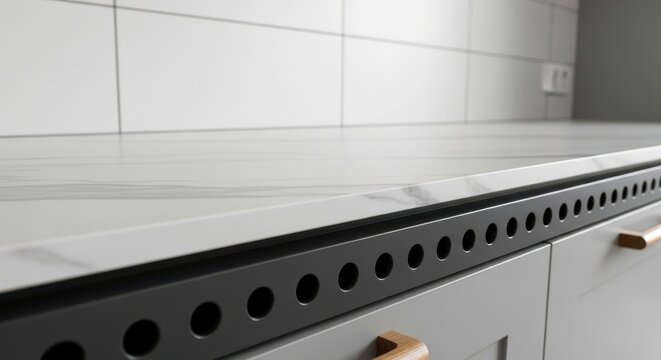 Modern kitchen baseboard with ventilation holes and light-colored tiles