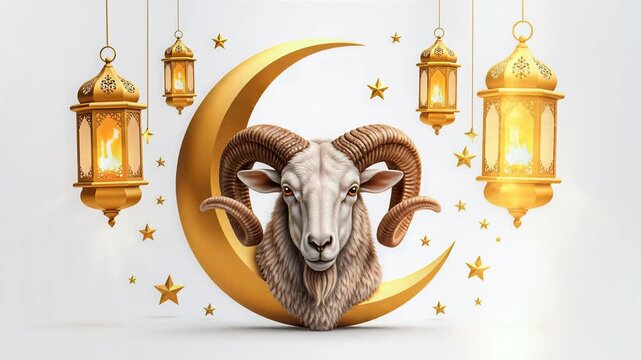 Eid al-Adha Greeting with Ram Head Crescent Moon and Golden Lanterns