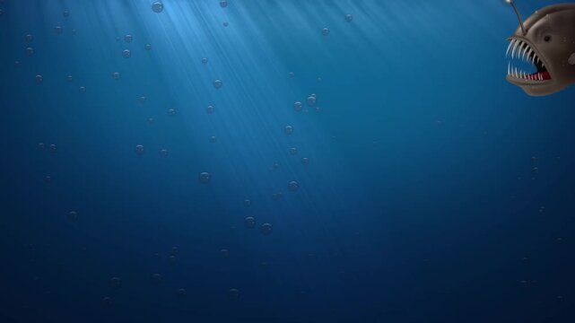 A cinematic motion of a terrifying anglerfish with glowing lure swimming in the deep blue ocean with light rays and bubbles.
