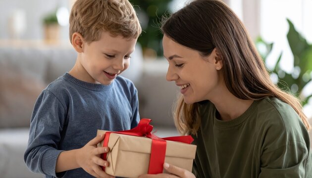 A young boy happily gives a gift to his mother.