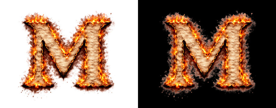 Burning fire letter m font flaming text element over black background.