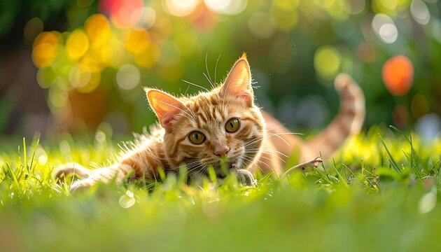 Orange tabby cat pouncing in green grass with bokeh background in sunny light