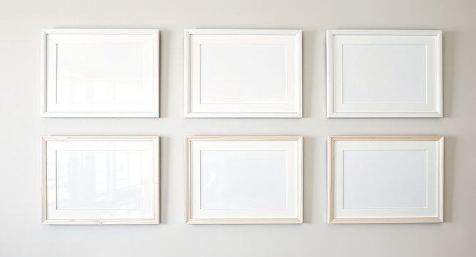 Six Blank White Square Picture Frames Mockup on Minimalist Wall with Sunlight