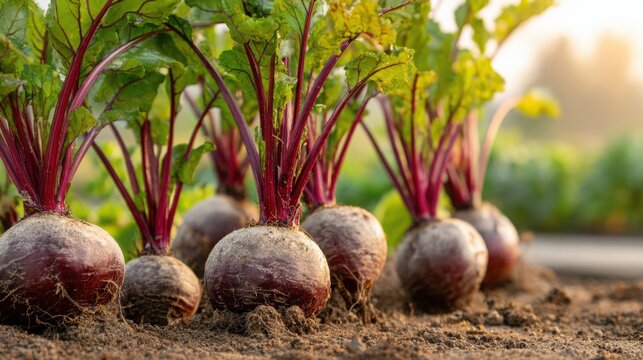 Fresh Beetroot Plants Growing in a Garden Bed with Vibrant Red Stems and Green Leaves