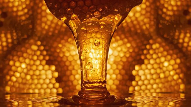 Honey Dripping from Spoon into Honeycomb.