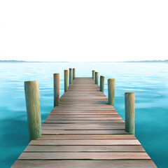 Fototapeta premium Tranquil wooden pier extending over serene blue water under clear sky