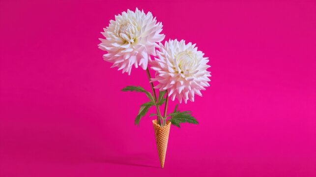 An inverted waffle cone holds two blooming dahlias in a minimalist composition, vibrant magenta backdrop highlights whit