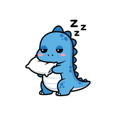 Fototapeta premium Cute baby blue dinosaur sleeping and holding a pillow, cartoon sticker illustration.