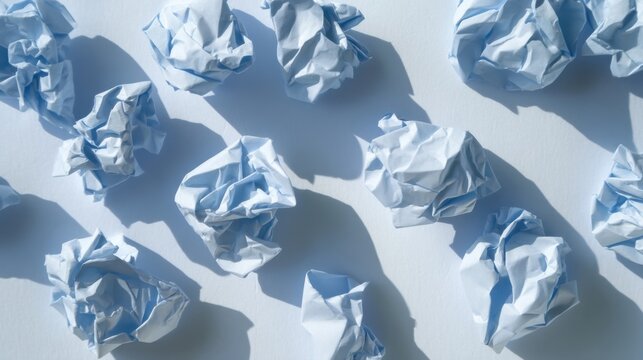 Wrinkled light blue paper balls scattered on a pale surface with sharp shadows from top left lighting, creating texture