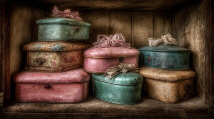 Obraz premium A charming collection of stacked antique hatboxes in muted pastel colors adorned with delicate bows, creating a nostalgic display on a wooden shelf.