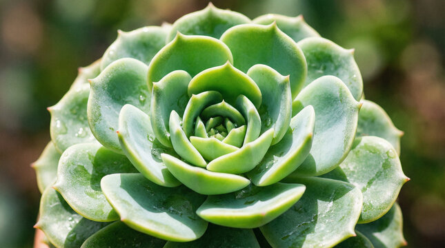 Close-up of a vibrant green succulent plant with water droplets, showcasing its intricate rosette pattern and fleshy leaves.
