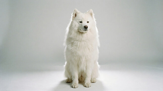 Majestic Samoyed Dog Sitting Gracefully in Studio Portrait