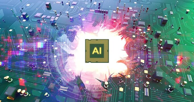 Futuristic computer hardware with AI chip and burning energy flames. AI Technology Related 3D Computer Animation.