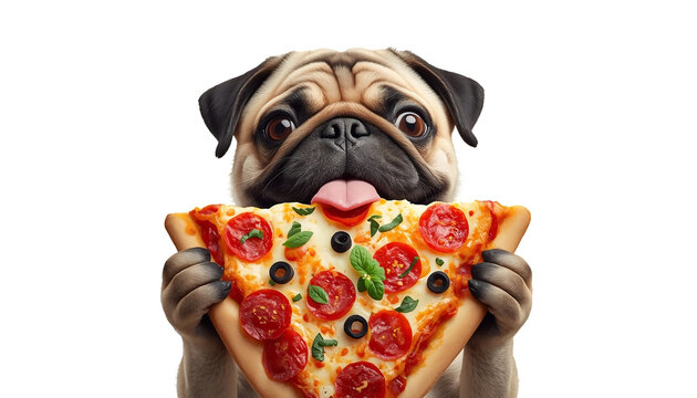 Funny pug dog holding large pepperoni pizza slice isolated on white background cute pet eating fast food concept
