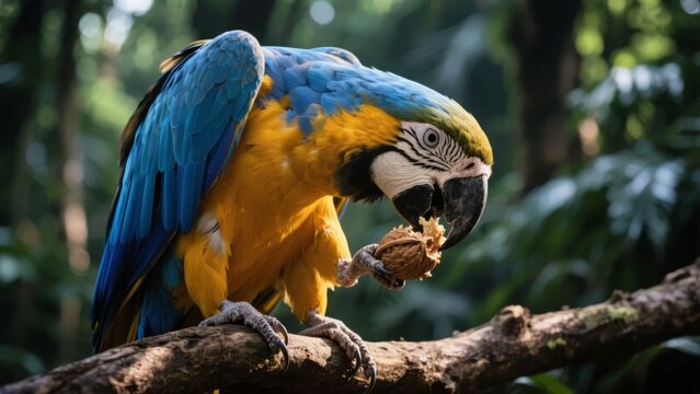 Blue-and-yellow macaw perched on a branch, eating a nut in a forest setting