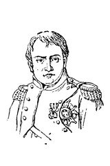 Fototapeta premium Napoleon I Bonaparte, detailed black-and-white military portrait with uniform, medals, and ornate epaulettes, old vintage illustration, 1897.