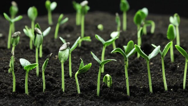 Energetic timelapse capturing the germination of sprouts newborn cress salad plant in a greenhouse
