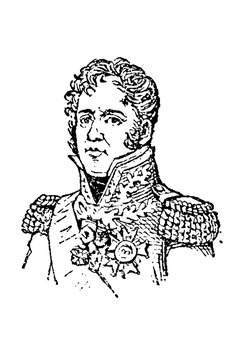 Marshal Michel Ney (1769-1815), French military commander in ornate uniform with epaulettes and medals, detailed line drawing, old vintage illustration, 1897.