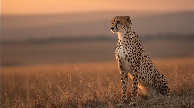Elegant cheetah sits at sunset on hill looking over savanna.