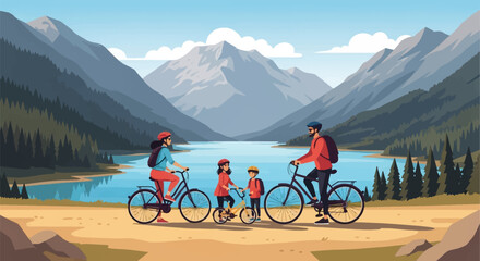 Fototapeta premium Vector illustration of a family with two children on a bicycle trip along a scenic mountain lake, featuring parents and kids in helmets cycling through a lush alpine landscape.