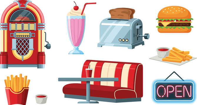 Retro American Diner Set with Jukebox, Milkshake, Burger, Fries, Toaster, Booth Seat, and Open Sign for Vintage Food Designs