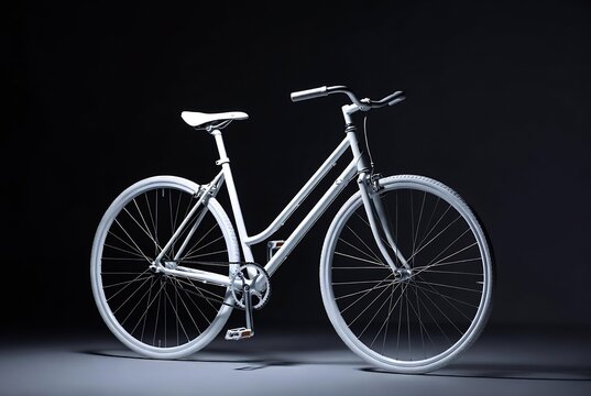A white bicycle is prominently displayed on a dark, textured background.