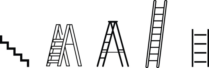Ladder types set line art illustration stairs step ladder extension ladder equipment construction tool minimal outline design collection © LatifunNahar