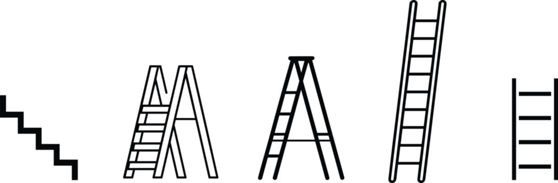 Ladder types set line art illustration stairs step ladder extension ladder equipment construction tool minimal outline design collection