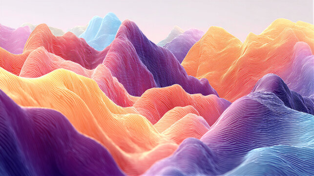 Abstract 3D wavy hills with blue purple to orange pink gradient, silk smooth texture. Cinematic volumetric lighting, subsurface scattering. Surreal dreamy space. Ideal for tech website hero image.