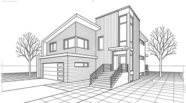 Modern duplex house exterior line art illustration with contemporary architecture, residential property design and urban home structure concept minimal outline style