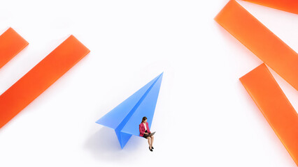 Woman using laptop on paper airplane representing fast workflow and digital communication tools. Concept of remote work, online collaboration, messaging apps and efficient task delivery © master1305
