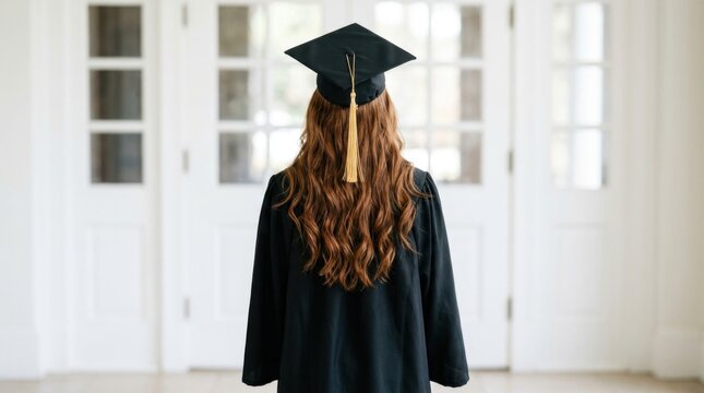 Graduation student back view indoors