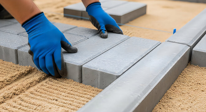 Hands in blue gloves laying interlocking concrete pavers on sand during landscaping construction