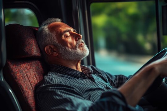 An older man falls asleep while driving in a vehicle with his eyes closed and head tilted back