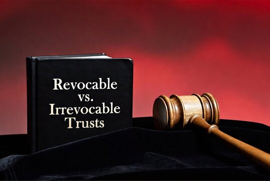 A black sign comparing &ldquo;Revocable&rdquo; and &ldquo;Irrevocable&rdquo; trusts is displayed against a courtroom backdrop.