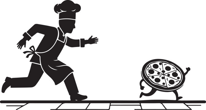 Chef chasing pizza cartoon character.