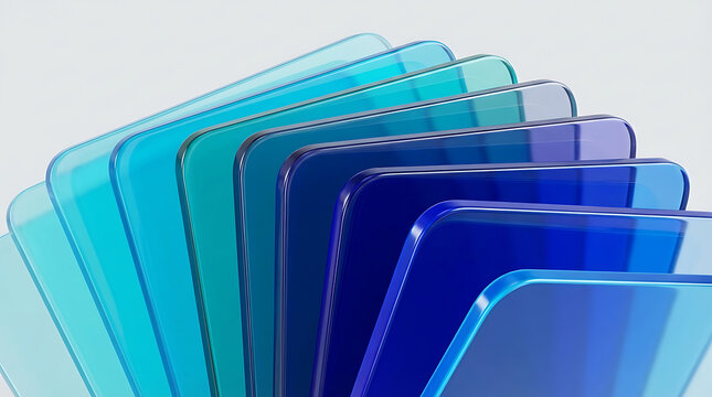 Abstract 3D render of transparent blue glass plates stack with soft light for creative background design