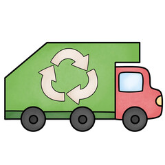 Obraz premium green recycling garbage truck with recycle symbol hand drawn waste management environmental vector graphic isolated on white background