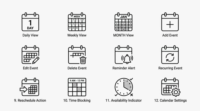Calendar Icons Set for Event Management and Scheduling.
