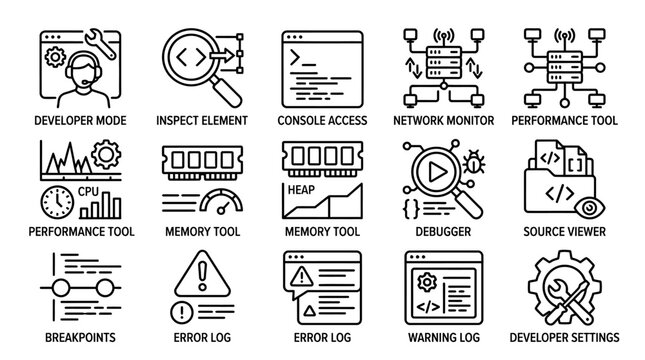 Collection of Software Development and Debugging Icons.