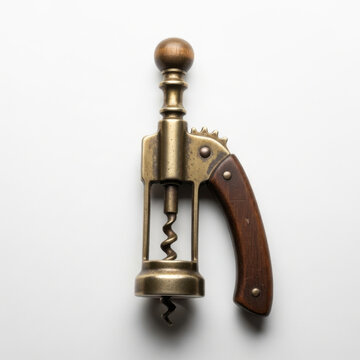 Vintage brass and wood mechanical corkscrew wine bottle opener isolated on a white background