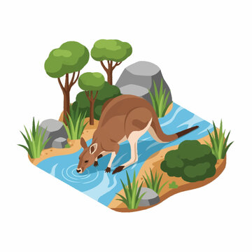 Isometric vector illustration of a brown kangaroo drinking water from a blue stream, surrounded by green trees, bushes, and grey rocks in an outback wilderness setting.