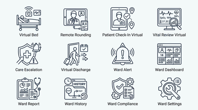 Set of medical and healthcare related line icons for virtual care and hospital management.
