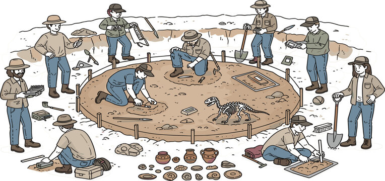 Archaeological dig site vector illustration featuring scientists, paleontologists, dinosaur skeleton, ancient pottery, and excavation tools in a flat minimalist style.