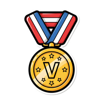 A gold medal with a red white and blue ribbon