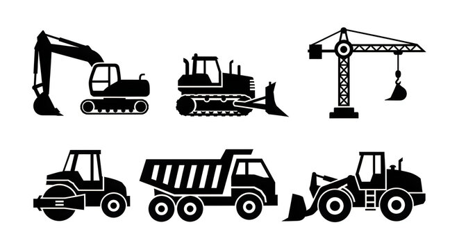 Black and white illustration of construction vehicles