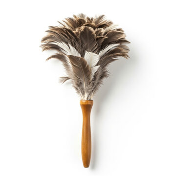 Traditional ostrich feather duster with wooden handle isolated on white background for domestic cleaning