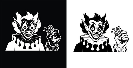 Obraz premium A creepy cartoon clown holding a chocolate bar in a black and white illustration