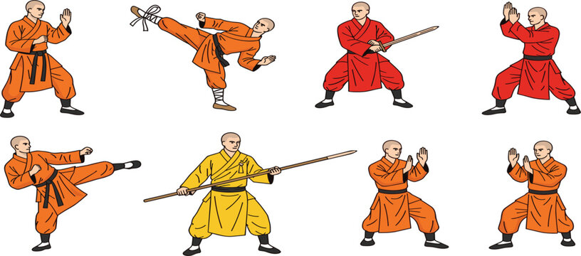 Shaolin monk martial arts vector set featuring kung fu fighting poses, karate kicks, and traditional weapon training with staff and sword in a flat minimalist style.